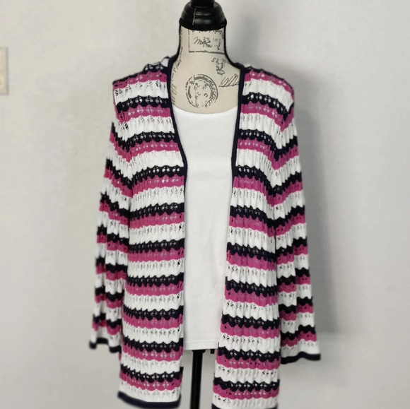 Alfred Dunner Crochet Striped Pink Cardigan Long Sleeve Sweater Size XL - Picture 1 of 9